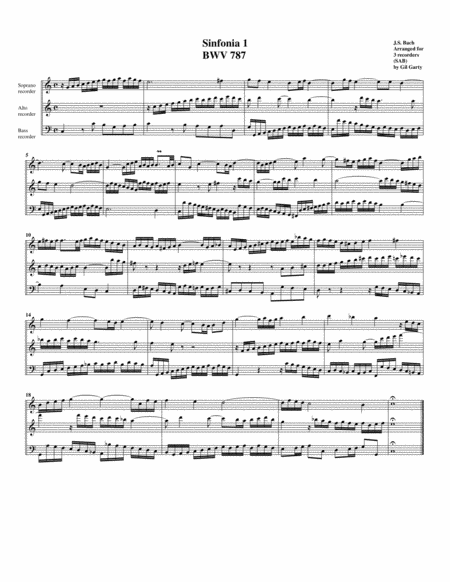 Sinfonia Three Part Invention No 1 Bwv 787 Arrangement For 3 Recorders Sheet Music