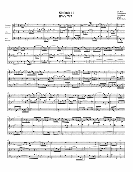 Sinfonia Three Part Invention No 11 Bwv 797 Arrangement For 3 Recorders Sheet Music