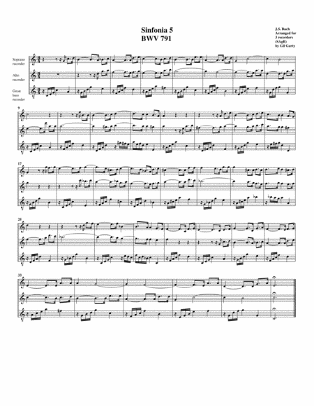 Free Sheet Music Sinfonia Three Part Invention No 5 Bwv 791 Arrangement For 3 Recorders
