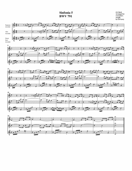 Sinfonia Three Part Invention No 5 Bwv 791 Arrangement For 3 Recorders Sheet Music