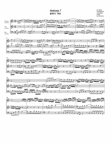 Sinfonia Three Part Invention No 7 Bwv 793 Arrangement For 3 Recorders Sheet Music