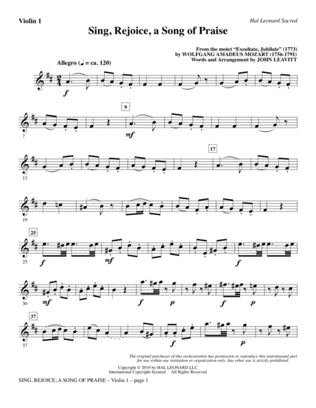Free Sheet Music Sing Rejoice A Song Of Praise Arr John Leavitt Violin 1