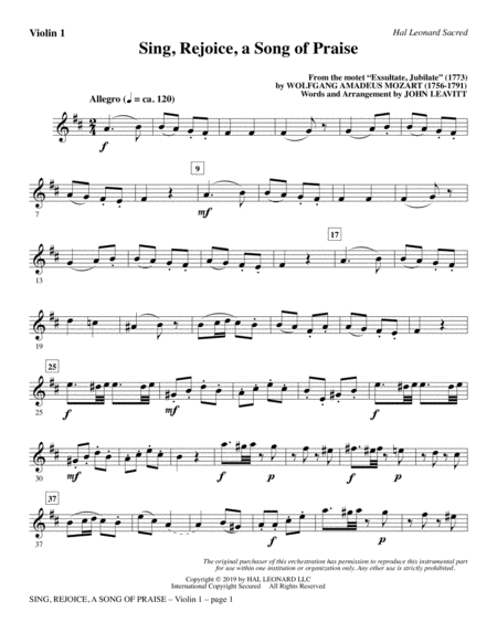 Sing Rejoice A Song Of Praise Arr John Leavitt Violin 1 Sheet Music