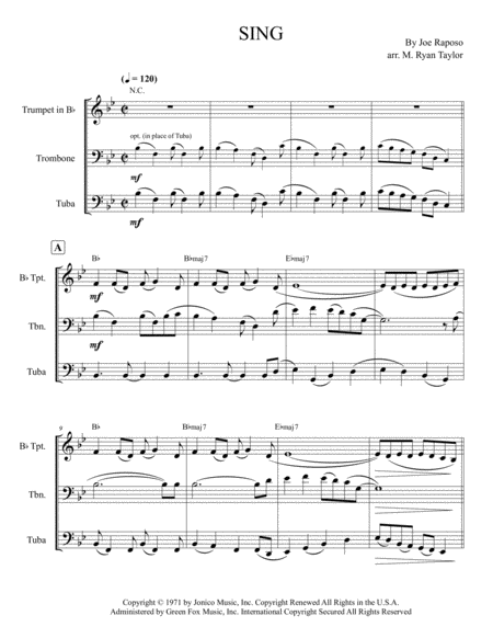 Free Sheet Music Sing Sing A Song Carpenters Sesame Street For Brass Trio Trumpet Trombone Tuba