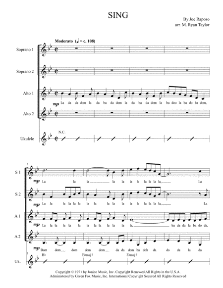 Sing Sing A Song Carpenters Sesame Street For Ssaa Choir And Opt Ukulele Chords Sheet Music