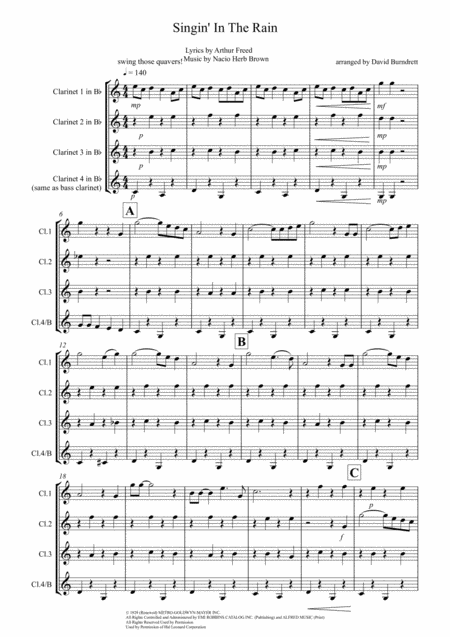 Free Sheet Music Singin In The Rain For Clarinet Quartet