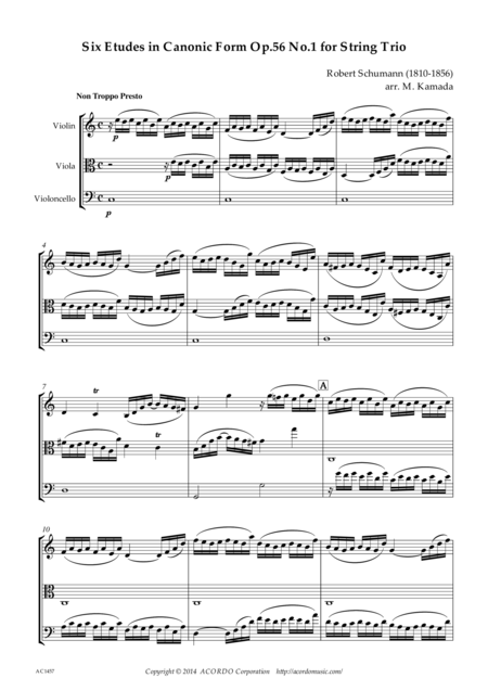 Six Etudes In Canonic Form Op 56 No 1 For String Trio Sheet Music