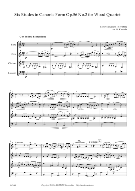 Free Sheet Music Six Etudes In Canonic Form Op 56 No 2 For Wood Quartet