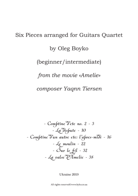 Six Pieces From The Movie Amelie Arranged For Guitars Quartet By Oleg Boyko From The Movie Amelie Sheet Music