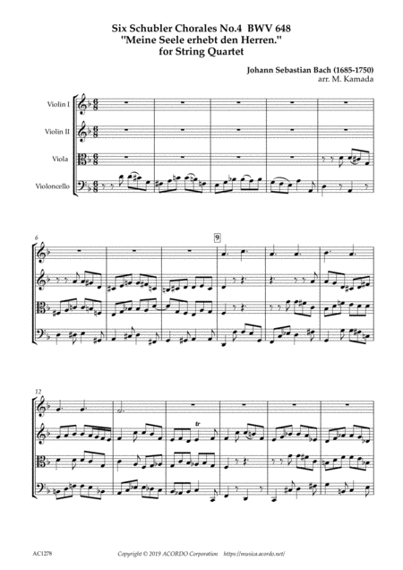 Six Schubler Chorales No 4 Bwv648 Meine Seele Erhebt Den Herren For String Quartet Sheet Music