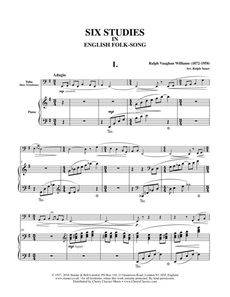 Free Sheet Music Six Studies In English Folksong Arranged For Tuba Or Bass Trombone And Piano