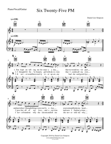 Six Twenty Five Pm Piano Vocal Guitar Sheet Music