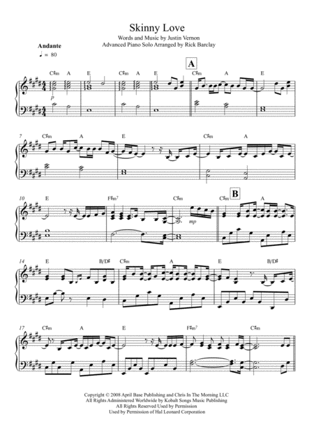 Skinny Love Advanced Intermediate Piano Solo Sheet Music