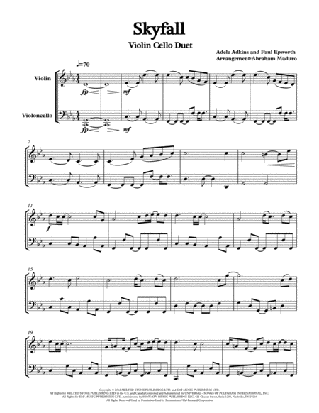 Skyfall By Adele Violin And Cello Duet Sheet Music