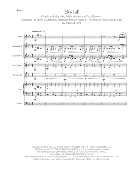 Free Sheet Music Skyfall For Windinstruments