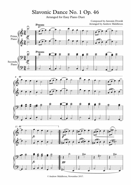 Slavonic Dance No 1 Op 46 For Easy Piano Duet Sheet Music