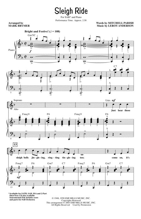 Free Sheet Music Sleigh Ride Arr Mark Brymer