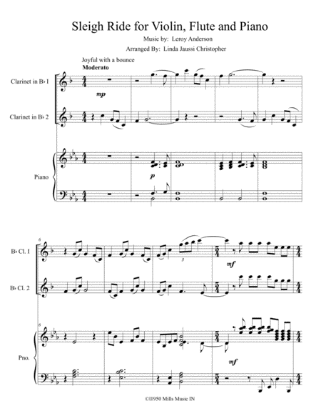 Sleigh Ride For Two Clarinets And Piano Sheet Music