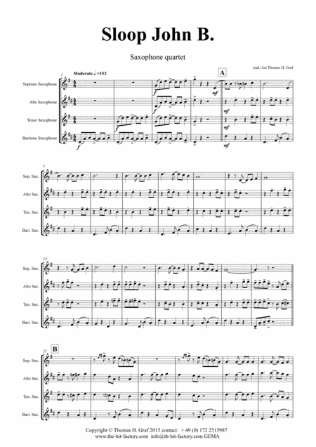 Free Sheet Music Sloop John B Caribian Folk Song Saxophone Quartet