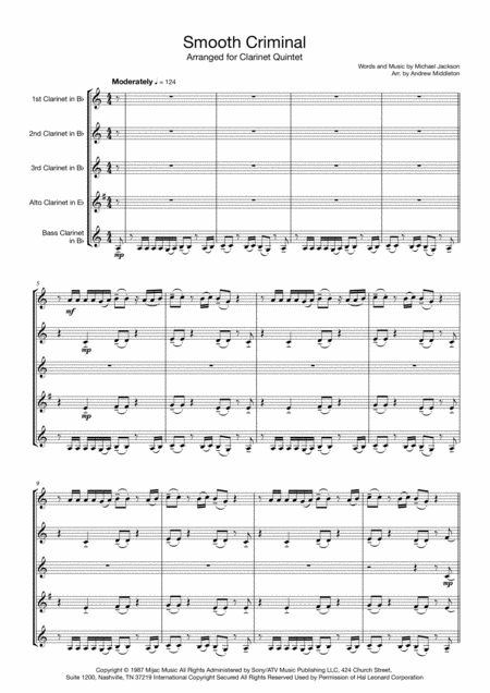 Smooth Criminal Arranged For Clarinet Quintet Sheet Music