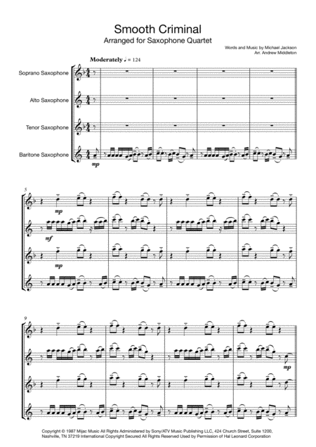 Smooth Criminal Arranged For Saxophone Quartet Sheet Music