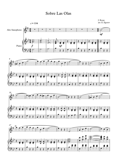 Sobre Las Olas Over The Waves Juventino Rosas For Alto Saxophone Piano Sheet Music