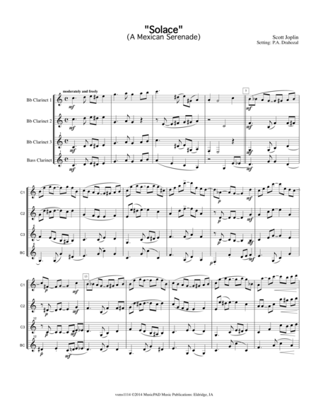 Solace A Mexican Serenade By Scott Joplin Arranged For Clarinet Quartet Sheet Music