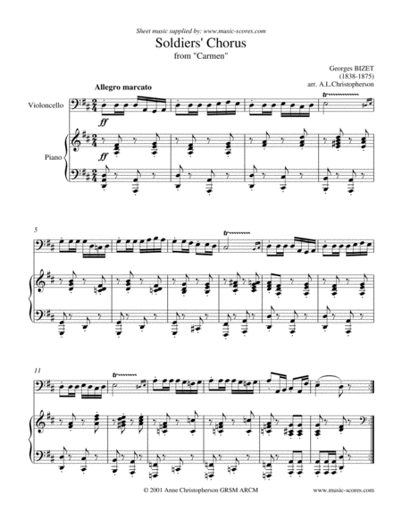 Free Sheet Music Soldiers Chorus From Carmen Cello