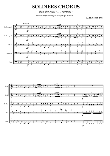 Soldiers Chorus From The Opera Il Trovatore For Brass Quintet Sheet Music