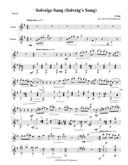 Solveigs Sang Solveigs Song For Violin And Guitar Sheet Music