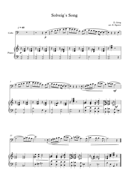 Solveigs Song Edvard Grieg For Cello Piano Sheet Music