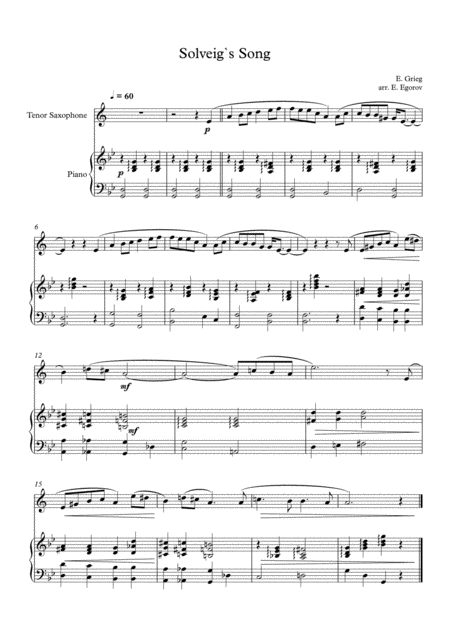 Solveigs Song Edvard Grieg For Tenor Saxophone Piano Sheet Music