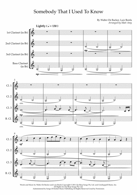 Free Sheet Music Somebody That I Used To Know Clarinet Quartet Harder Version