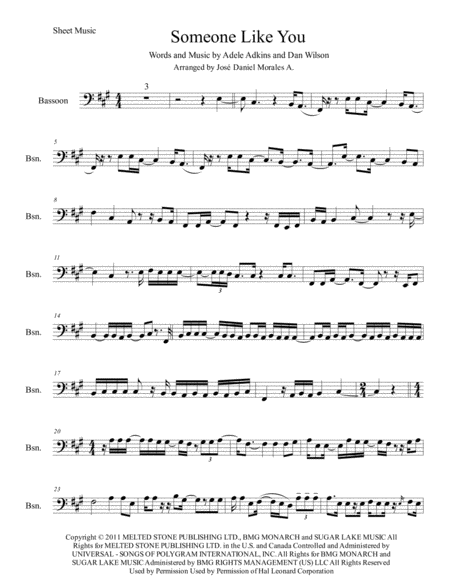 Free Sheet Music Someone Like You For Bassoon