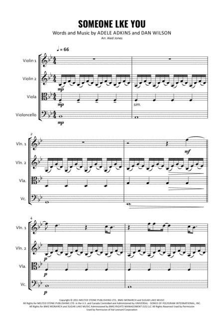 Free Sheet Music Someone Like You For String Quartet