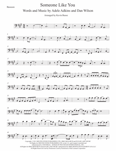 Someone Like You Original Key Bassoon Sheet Music