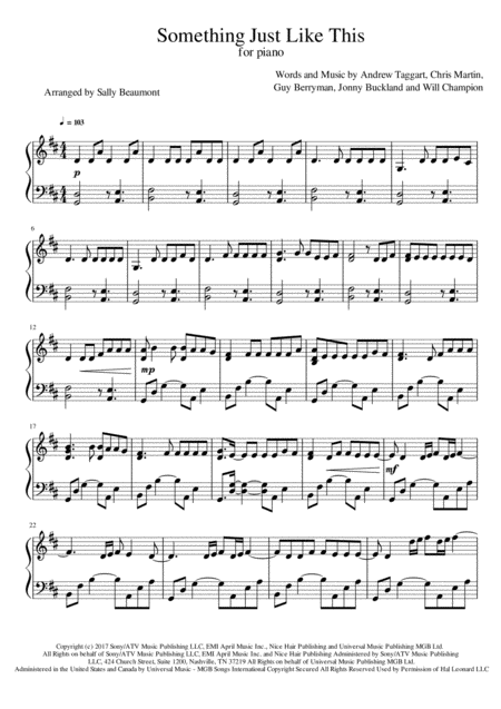 Something Just Like This The Chainsmokers Cold Play Piano Solo Sheet Music