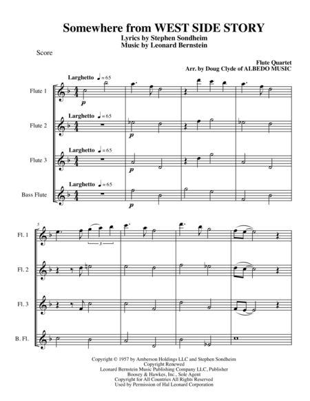 Free Sheet Music Somewhere From West Side Story For Flute Quartet
