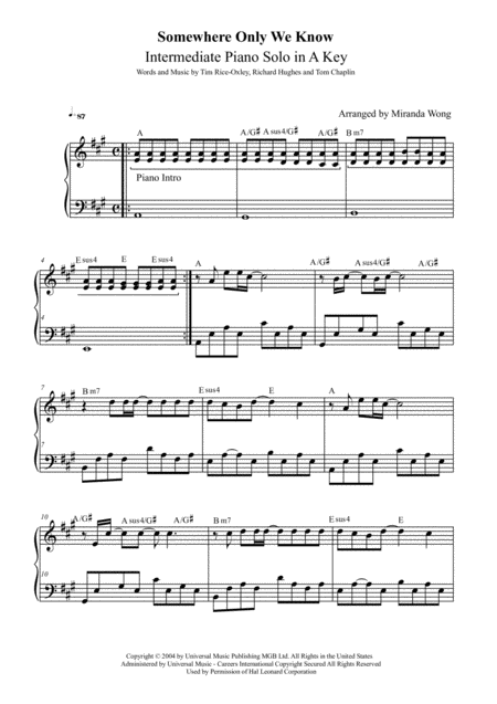 Somewhere Only We Know Intermediate Piano Solo In Published A Key With Chords Sheet Music