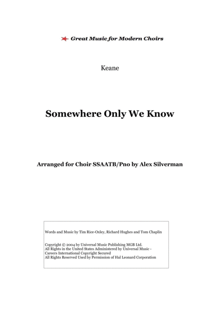 Somewhere Only We Know Keane Choir And Piano Edition Sheet Music