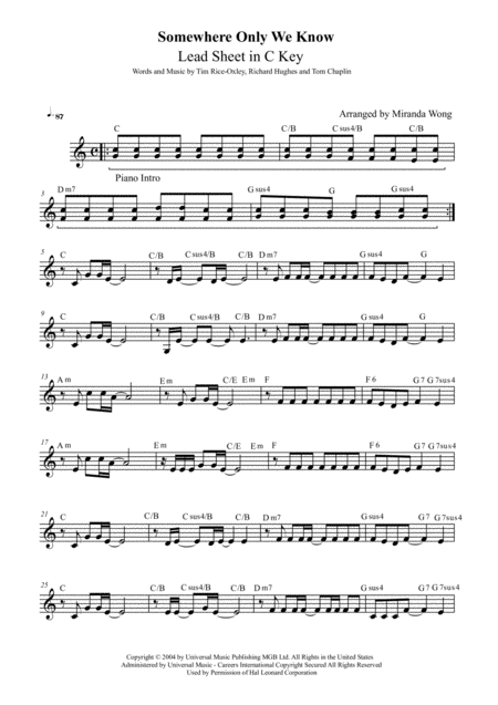 Free Sheet Music Somewhere Only We Know Lead Sheet In C Key With Chords