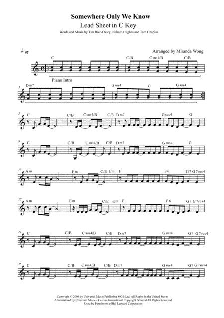 Somewhere Only We Know Lead Sheet In C Key With Chords Sheet Music