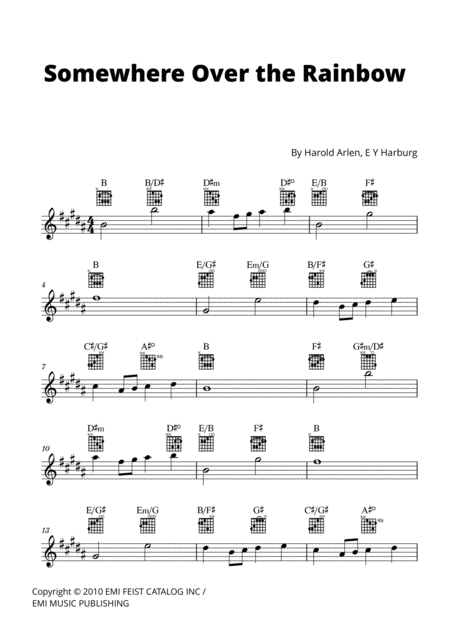 Somewhere Over The Rainbow Lead Sheet W Guitar Chords B Major Sheet Music