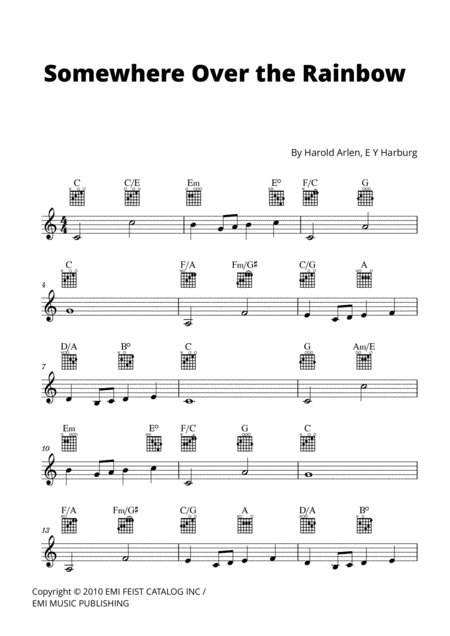 Somewhere Over The Rainbow Lead Sheet W Guitar Chords C Major Sheet Music