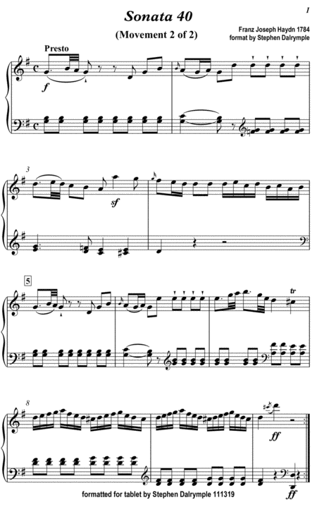 Sonata 40 2 By Franz Joseph Haydn For Solo Piano Classical Music For Tablet Series Sheet Music