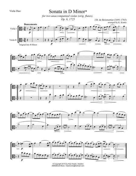 Sonata In D Minor Op 6 For Viola Duet Sheet Music