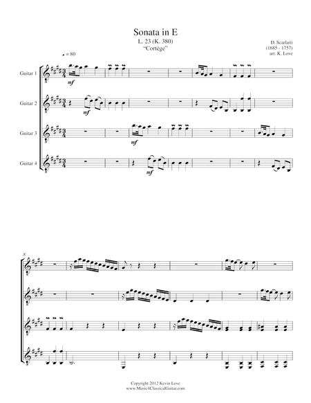 Sonata In E K 380 Guitar Quartet Score And Parts Sheet Music