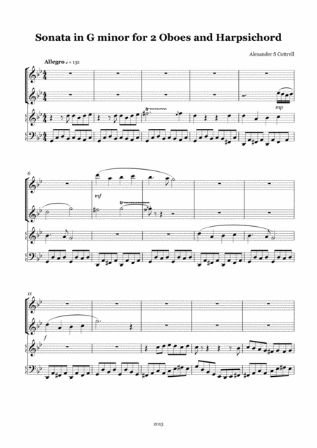 Sonata In G Minor For 2 Oboes And A Harpsichord In Full Sheet Music