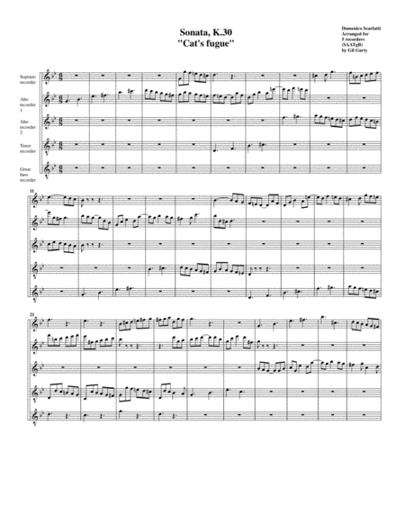 Sonata K 30 Cat Fugue Arrangement For 5 Recorders Sheet Music