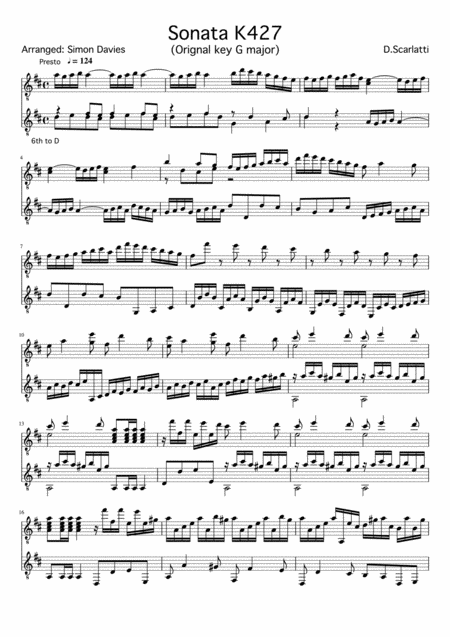 Sonata K427 Arranged For Guitar Duo Sheet Music